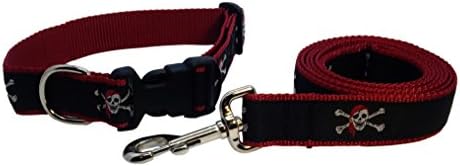 Preston Pirate Dog Collar and Leash Set - Skull e Crossbones em fita preta com correias de nylon vermelho