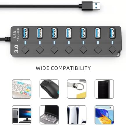 USB HUB 3.0, EANETF 7 Porta USB Hub com interruptores de Ox/Off de LED e cabo longo estendido para MacBook, Mac Pro, Mac mini, IMAC,