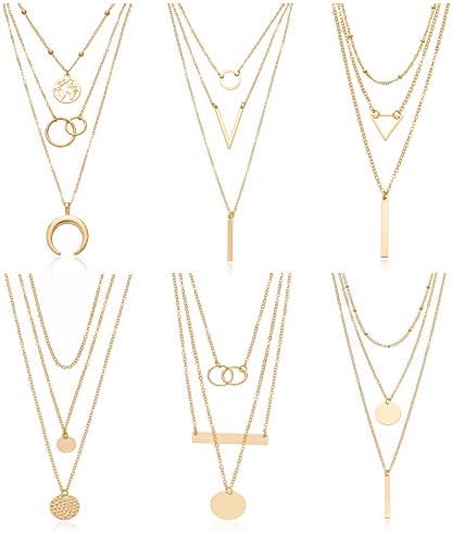 Biokia 6 pedaços de colares em camadas para mulheres colares longos colares de gargantilha dourados mapa de moeda barra de colar de