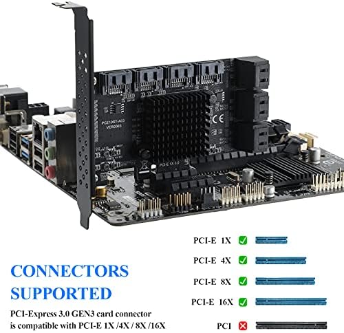 BEYIMEI PCIE 1X CARTA SATA 10 PORTS, 6 Gbps SATA 3.0 Cartão de expansão do PCIE do controlador, não-ARD, suporte 10 dispositivos SATA 3.0, com suporte de baixo perfil e 10 cabos SATA （Chip: ASM1166）