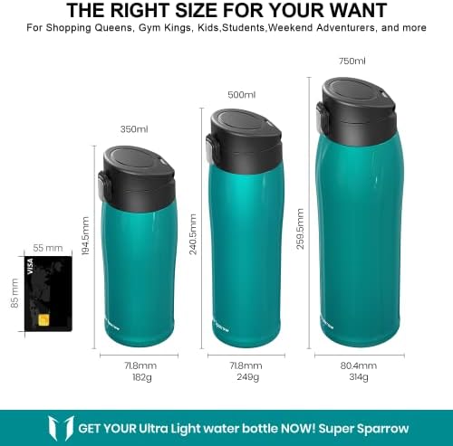 Super Sparrow Water Bottle Aço inoxidável 18/10 - Caneca de viagem Ultralight, garrafa de água de metal isolada 12 onças, garrafa de
