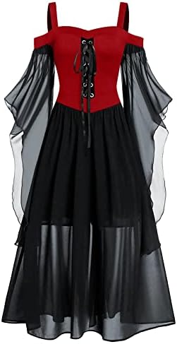 Vestido de maternidade da primavera, mulheres mais tamanhos de manga de borboleta de ombro frio Lace Up Up Halloween Gothic