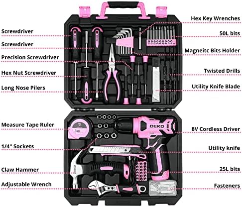 DekoPro Drill Conjunto: Ferramenta com broca de 8V rosa sem fio, kit de ferramentas domésticas com broca, kits de ferramentas