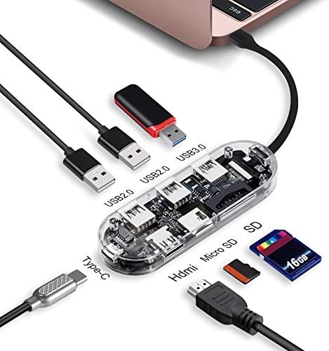 LEITOR DE CARTÃO USB HUB 7 em 1 Estação de ancoragem do hub Transparente PD Charging para OS X Notebook/TypeC Card Reader