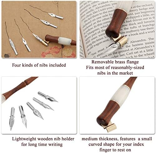 YOption Wood Caligraphy Oblique Dip Pen Setting, Stand Removable Pen Pen Pen com 5 Nibs planos Kit