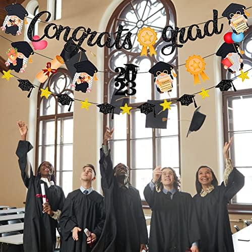 Parabéns Banner de graduação, Black Glitter - Gnomos e Cap Garland, sem DIY | Banner de formatura, decorações de formatura