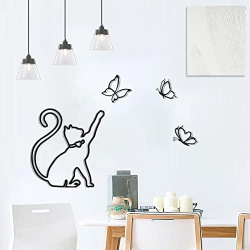 Arte da parede de metal, brincadeira de gato com decoração de parede de borboleta, decoração de parede de arte preta, decoração de