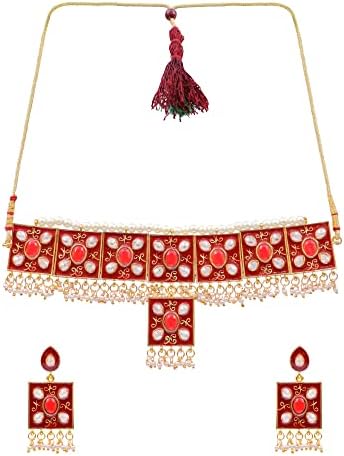Moda crocante banhada a ouro Rajasthani Cheker ambientada em Red Color Meena e Kundan Work Jewellery Conjunto