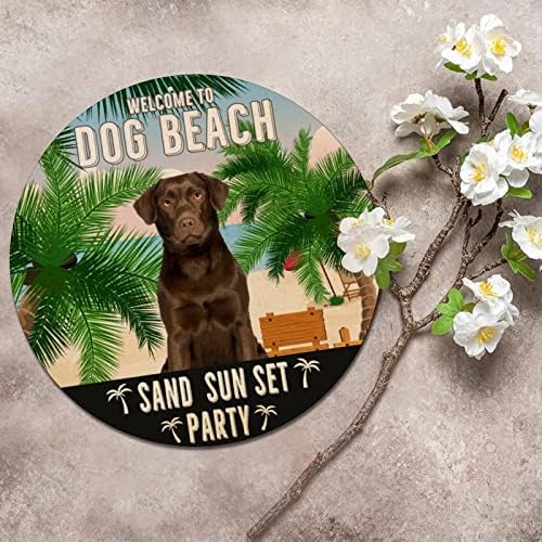 Funnamente redondo cachorro metal lata de metal bem -vindo ao cão praia solar sol Party Retro Wreath Sign Pet Pet Dog Hanger Sign Prindes de arte de metal vintage com citação de cães de estimação engraçada pendurado para garagem pátio de 9 polegadas