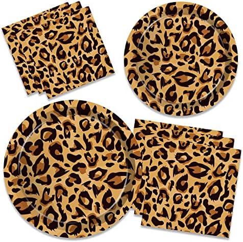 Safari Leopard Animal Print Birthday Party Tabelware Setes Serve 24 - Placas de papel de 7 polegadas descartáveis, placas