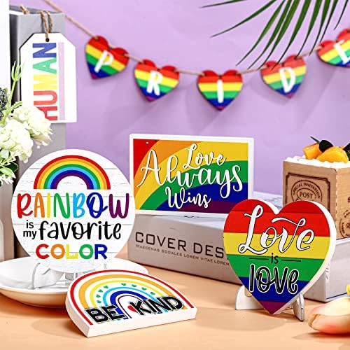 15 PCs Decoração de bandeja em camadas de arco -íris Decoração de bandeja de bandeja colorida Rainbow Wooden Sinais de mesa de madeira