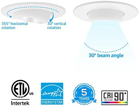 Torchstar de 5/6 polegadas LED LED LUZ RESPECTADA Ajustável, CRI 90+, Dimmable, 12W = 100W, 1000lm, o globo ocular de LED pode iluminar, adaptar -se a partir de teto inclinado e abobadado, 5000k Daylight, pacote de 4