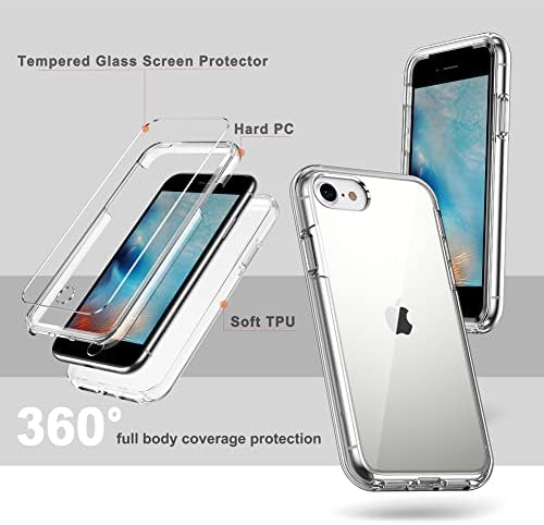 CoolQo Compatível para iPhone 8 /iPhone 7 /iPhone 6s /6 Caso, com [2 x Protetor de tela de vidro temperado] CLEAR 360 Cobertura de
