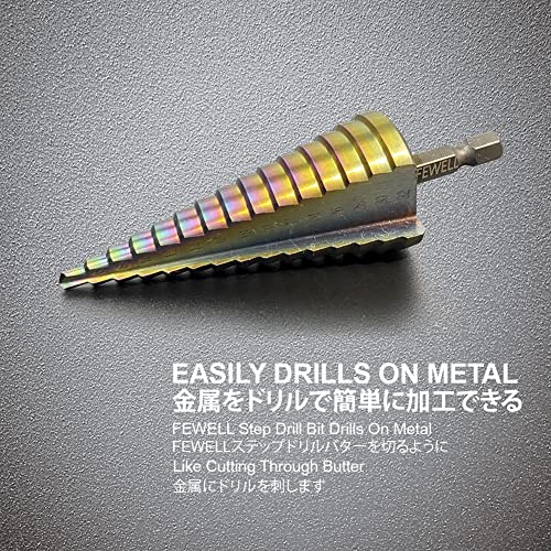 Fewell M2 Titanium Step Bits 3 peças, bit de etapa de flauta reta （4mm - 12/20/32mm), hastes hexadecimais unibit para
