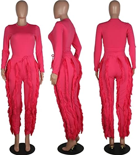 Meslima feminina 2 peças de colarinho redondo mancos de mangas longas com calças longas com calças longas conjuntos de macacões