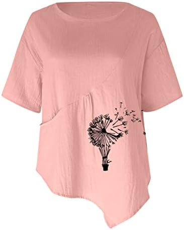 Tops de linho de algodão feminino Tops casuais de manga curta de leão -de -dente -de -leão, camisetas gráficas camisetas, bolsos de pescoço redondos soltos
