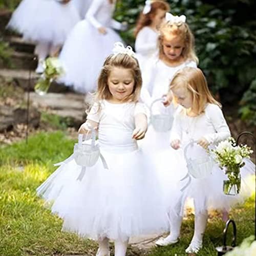 Cesto de flor de flor romântica cetim branco cetim de pérola cesta de flores para decoração de festa de casamento, cesto de menina de flores de casamento com bowknot