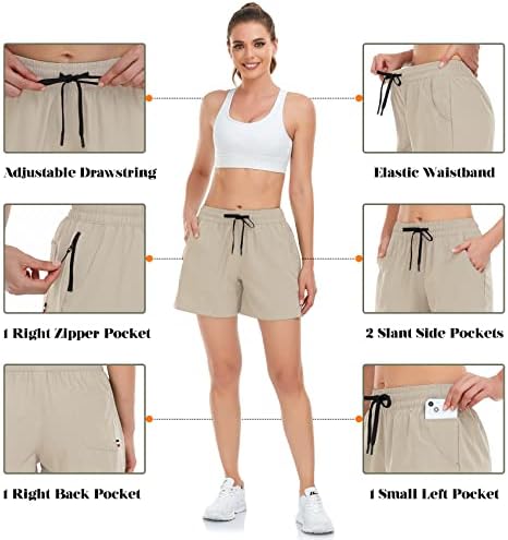 Davena Shorts para mulheres, 5 bolsos da cintura elástica shorts de caminhada seca rápida para executar ginásio de treino casual