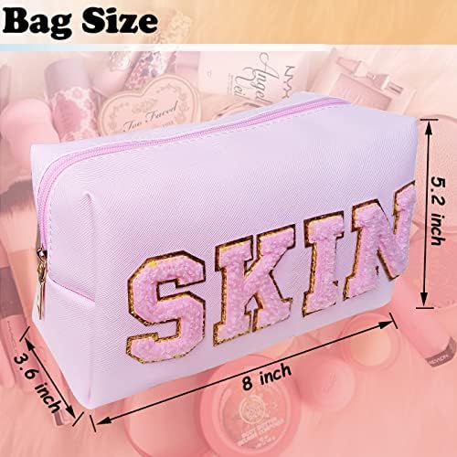 SPRT Cosmetic Bag Chenille Patch, saco de maquiagem de nylon com remendo de letra de glitter, organizador de maquiagem portátil portátil à prova d'água para bolsa de armazenamento presente