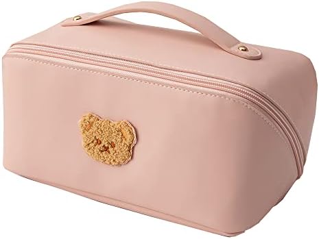Bolsa de cosméticos de viagem de grande capacidade genênica, bolsa de maquiagem de couro PU com alça e divisor, bolsa de
