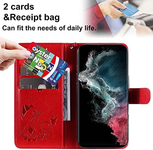 YBFJCE compatível com a caixa da carteira Samsung Galaxy S22 Ultra 5G, caixa de kickstand de couro PU com slots de cartão, capa durável à prova de choque para Samsung Galaxy S22 Ultra 5G, Cat and Bee Flip Shell, vermelho