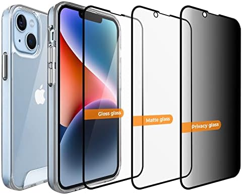 Nomis iPhone 14 Plus Clear Case Tampa 6.7 com 3 protetores de tela de vidro temperado - 1x Privacidade 1x Matte 1x Gloss [4