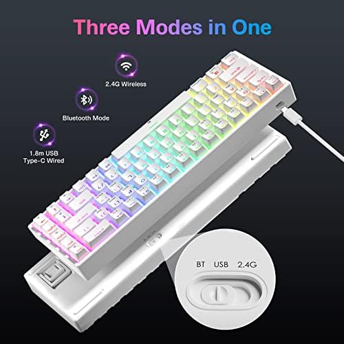 Tecurs de jogos sem fio de 65%, 68 teclas RGB Backlit Ultra Compact Mechanical Feeling Teclado-Red Switch, 2,4g/tipo C/Multi-Device