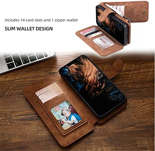 Caso Adirmi para iPhone 13 mini/13/13 Pro/13 Pro Max, 2 em 1 Caixa de carteira com zíper magnético destacável com 14 cartas
