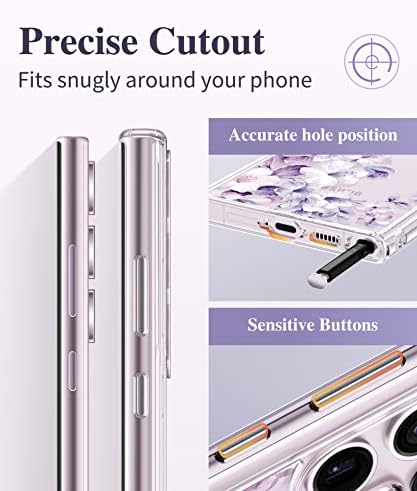 GVIEWIN para Samsung Galaxy S23 Caso Ultra com protetor de lente da câmera, Proteção Floral Slim Clear Clear Choffrof Hard