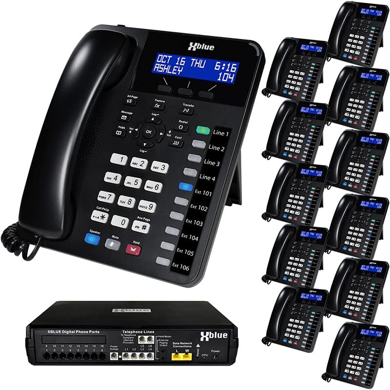 Xblue x16 mais um pacote de sistemas telefônicos para pequenas empresas com telefones digitais XD10 - a capacidade está externa e telefones digitais - inclui atendente automático, correio de voz, identificação de chamadas, paginação e intercom