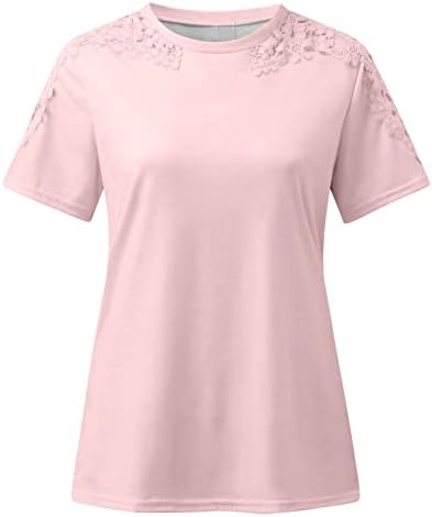 Camisas de verão para mulheres renda de manga curta camisetas da moda Tops de cores sólidas saindo da tripulação Blusa
