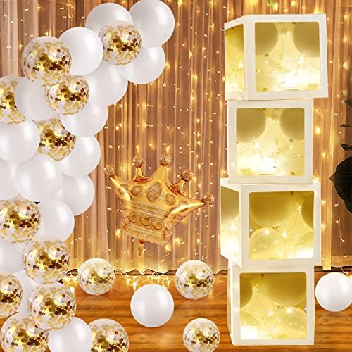 Caixas de balão de chá de bebê decorações de festa, cartas de bebê decoração de festa de aniversário com 4 luzes de cordas LED, caixas