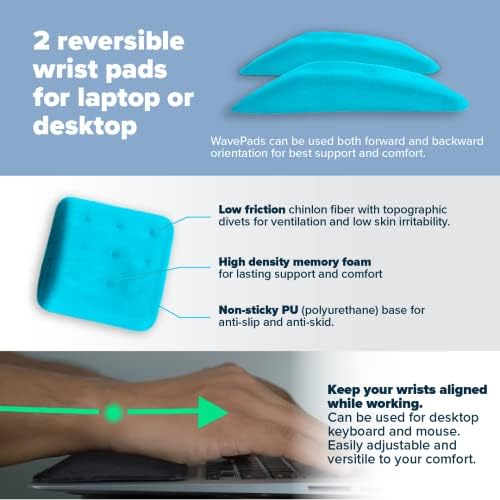 WavePads By Aquues Solutions-Duas pacote não deslizam o pulso para o laptop para teclado para laptop Memória ergonômica Laptop Pads para dor no punho e túnel do carpo, Memory Foam Support Pads de suporte