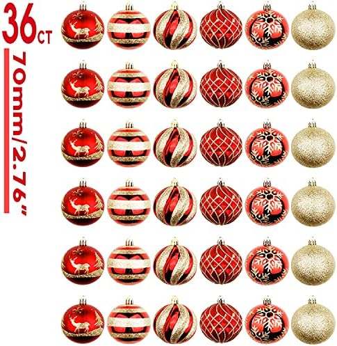 Ourwarm 36ct 70mm Bola de Natal Ornamentos de árvores Decorações de árvores 6 estilos com ornamentos clássicos de lâmpadas de Natal vermelhas e douradas para a árvore da árvore de árvores de árvores