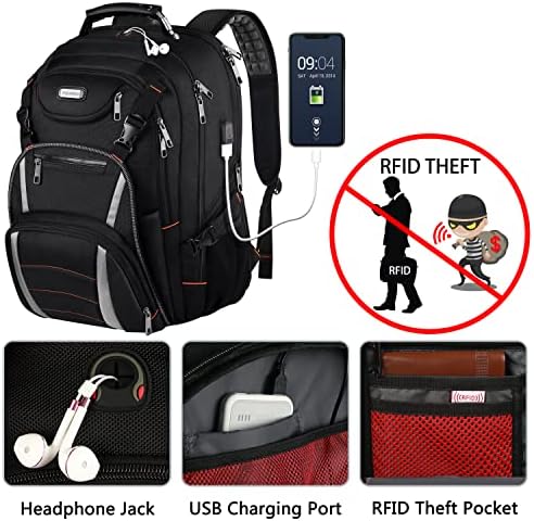 Mochila de laptop de viagem, extra grande de 18,4 polegadas de laptop RFID Anti -Roubo TSA Backpack com porto de carregamento USB,