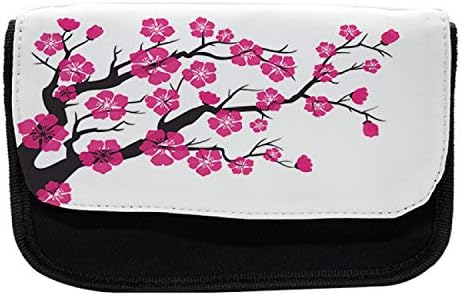 Caixa de lápis de flor de cerejeira de Ambesonne, árvore floral sakura, saco de lápis de caneta com zíper duplo, 8,5 x 5,5, rosa cinza a carvão e branco