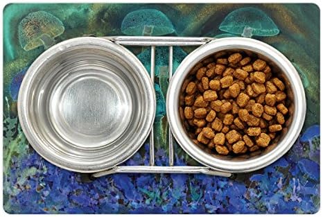 Ambsosonne Psicodélico Pet tapete Para comida e água, cogumelos fluorescentes incomuns gráficos de fantasia sonhadores, tapete de borracha sem deslizamento para cães e gatos, violeta e ardósia azul e ardósia