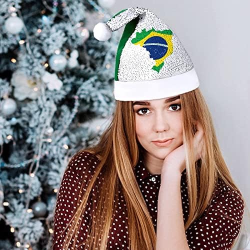 Bandeira do mapa Brasil Chapéu de Natal engraçado lantejoulas Cha transa de Papai Noel para homens Mulheres Decorações de festas
