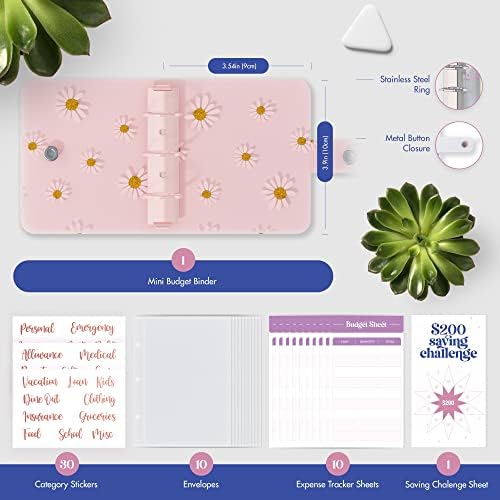 Soul Mama Mini Binder com envelopes de caixa - Carteira de fichário A7 Pink A7, organizador de dinheiro para dinheiro, Mini 3 Anel