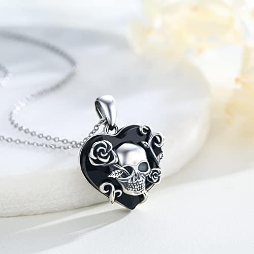 Colar de crânio Trishula, 925 Sterling Silver Rose Skull Pingente com Austríaco Black Heart Crystal Gothic Skull Horror Jewelry Presente para mulheres do Dia das Mães do Halloween