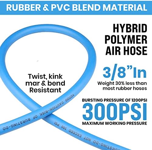 Mangueira de ar híbrida Yotoo 3/8 de polegada por 50 pés 300 psi de serviço pesado, leve, resistente a torções e flexibilidade