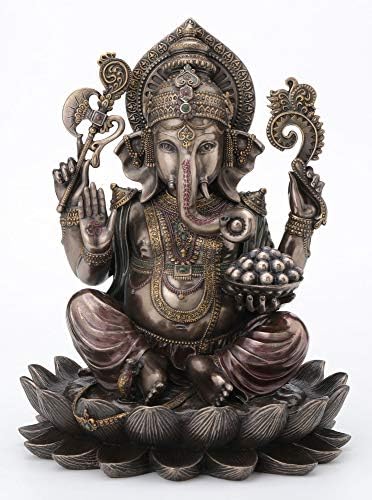 Projeto Veronese 9 7/8 polegadas Lorde Ganesha Sentado no Lotus Hindu Deus Antigo Bronze Finisht estátua de resina