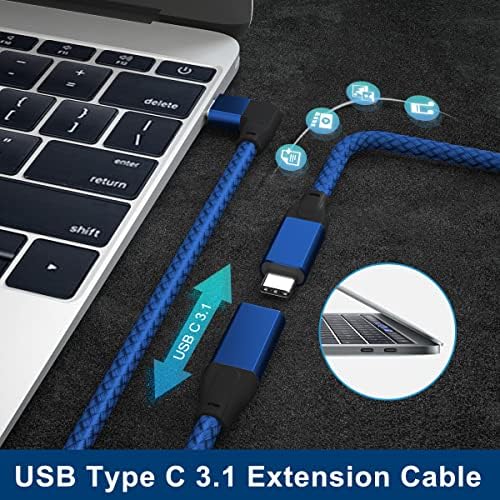 Cabo de extensão USB C de ângulo reto de ângulo reto de 6,6 pés, 10 Gbps tipo C 3.1 Gen2 Male a Feminino Extender, cabo