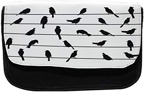 Aves lunaráveis ​​em uma caixa de lápis de arame, monocromático abstrato, bolsa de lápis de caneta com zíper duplo,
