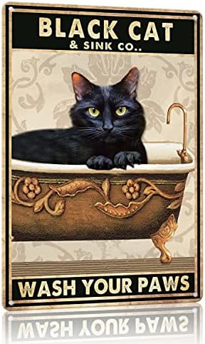 Decoração de parede de lata de metal engraçada de banheiro, gato preto lavar suas patas de lata de lata para escritório/casa/sala