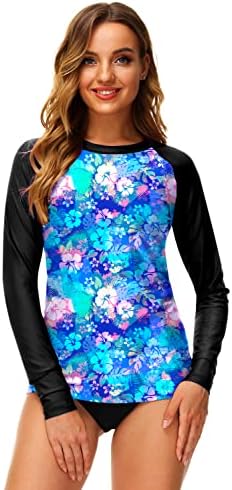 Deerose Women UPF 50+ Rash Guard Impresso Camisas de natação Surf Swimwear Top