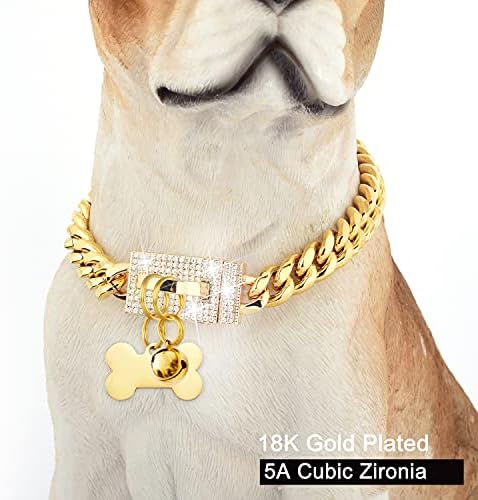 Rilpet Gold Dog Chain Gollar Cola de corrente de metal com design Secure Buckle e Id Dog Id Tag e Bell 18K Gold Cuban
