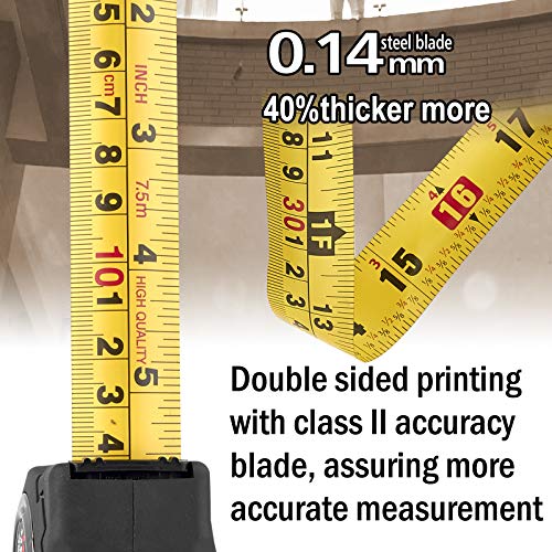 Fita de medição de 25 pés por assistência de leitura de impressão lateral dupla com métrica e polegadas ， 2,6m de destaque no nível, choque pesado absorvente de borracha para construção ， inspetor
