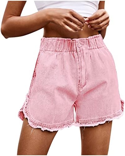 Calça curta de jeans feminina moda de verão rasgou a bainha crua legging no meio da cintura bolsos elásticos jeans shorts