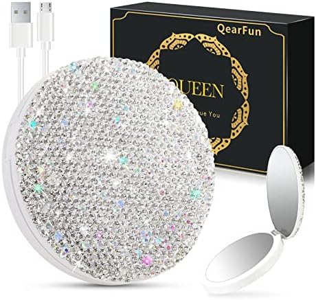 Qearfun luxuoso espelho compacto iluminado de strass led, espelhos de jóias de maquiagem portátil de viagem, espelhos de mini